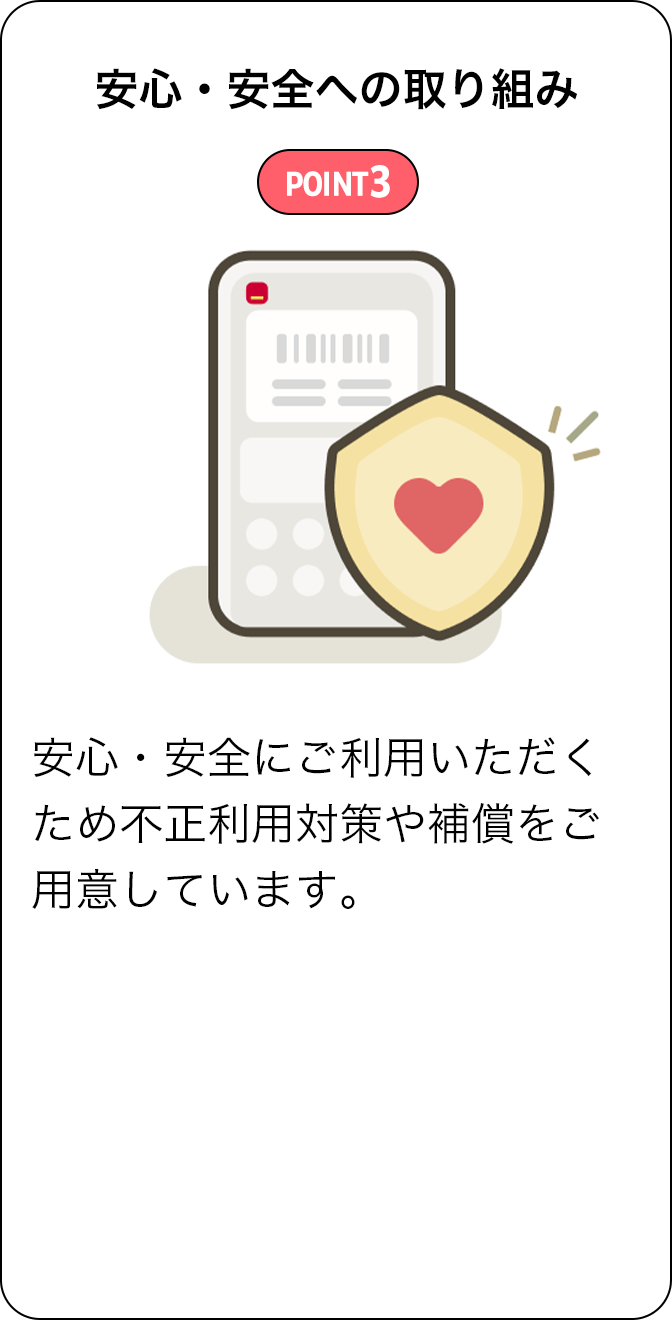 POINT3 安心・安全への取り組み 安心・安全にご利用いただくため不正利用対策や補償をご用意しています。