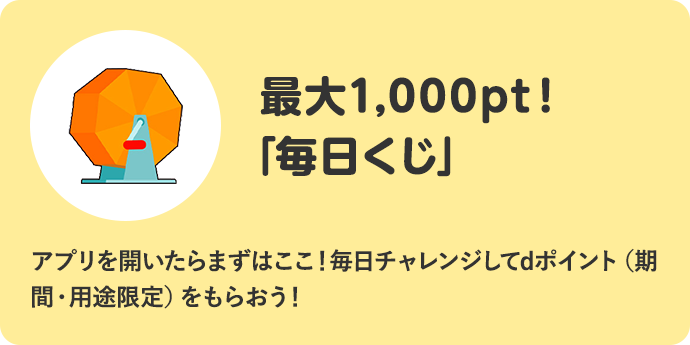 最大10,000pt！「毎日くじ」 アプリを開いたらまずはここ！毎日チャレンジしてdポイント（期間・用途限定）をもらおう！