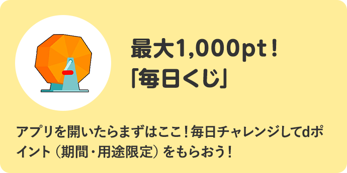最大10,000pt！「毎日くじ」 アプリを開いたらまずはここ！毎日チャレンジしてdポイント（期間・用途限定）をもらおう！