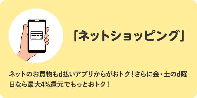 いつでも1.5%還元！「ネットショッピング」 ネットのお買物もd払いアプリからがおトク！さらに金・土のd曜日なら最大4%還元でもっとおトク！