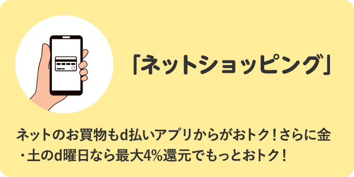 いつでも1.5%還元！「ネットショッピング」 ネットのお買物もd払いアプリからがおトク！さらに金・土のd曜日なら最大4%還元でもっとおトク！