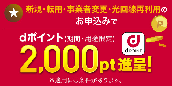新規・転用・事業者変更・光回線再利用のお申込みでdポイント（期間・用途限定）2,000pt進呈！※適用には条件があります。