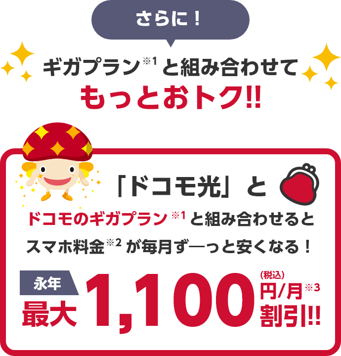 さらに！ギガプラン（※1）と組み合わせてもっとおトク!!「ドコモ光」とドコモのギガプラン（※1）と組み合わせるとスマホ料金（※2）が毎月ず―っと安くなる！永年最大1,100円/月(税込)（※3）割引!!