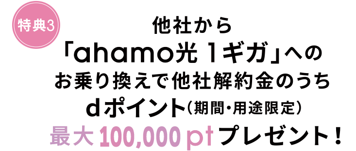 特典3 他社から「ahamo光 1ギガ」へのお乗り換えで他社解約金のうちdポイント（期間・用途限定）最大25,000ptプレゼント！