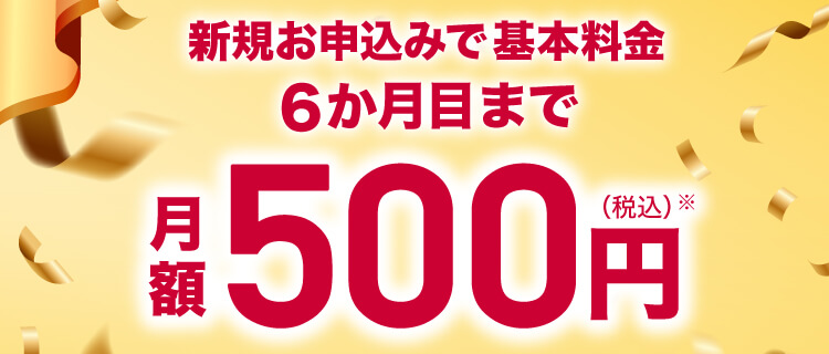 新規お申込みで基本料金6か月目まで月額500円（税込）