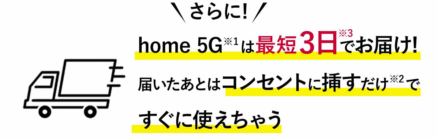 さらに！home5G※1は最短3日※3でお届け！届いたあとはコンセントに挿すだけ※2ですぐに使えちゃう