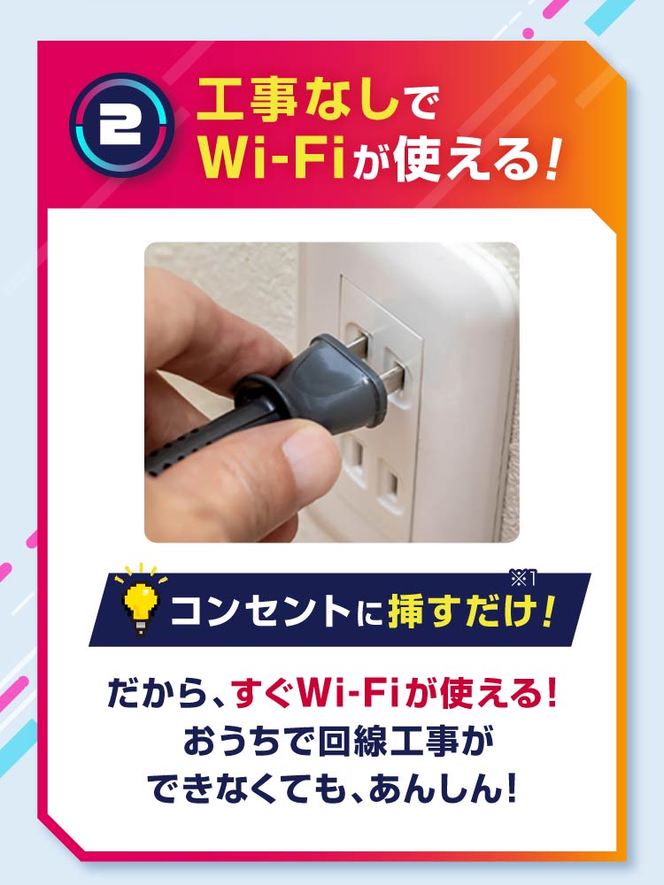 2 工事なしでWi-Fiが使える! コンセントに挿すだけ!※1 だから、すぐWi-Fiが使える!おうちで回線工事ができなくても、あんしん!