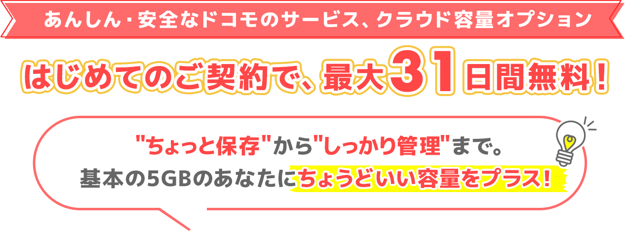 あんしん・安全なドコモのサービス、クラウド容量オプション はじめてのご契約で、最大31日間無料！ ちょっと保存からしっかり管理まで、基本の5ギガバイトのあなたにちょうどいい容量をプラス！